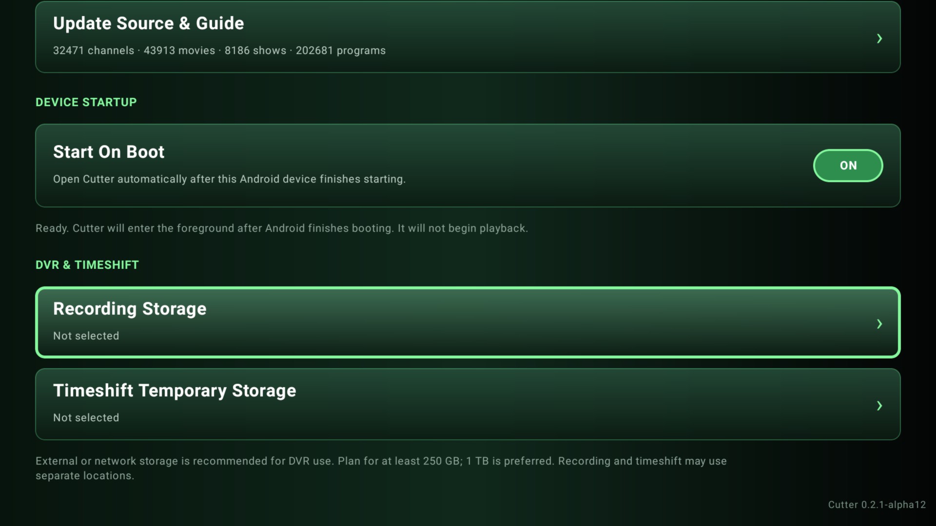 Cutter DVR and timeshift storage settings